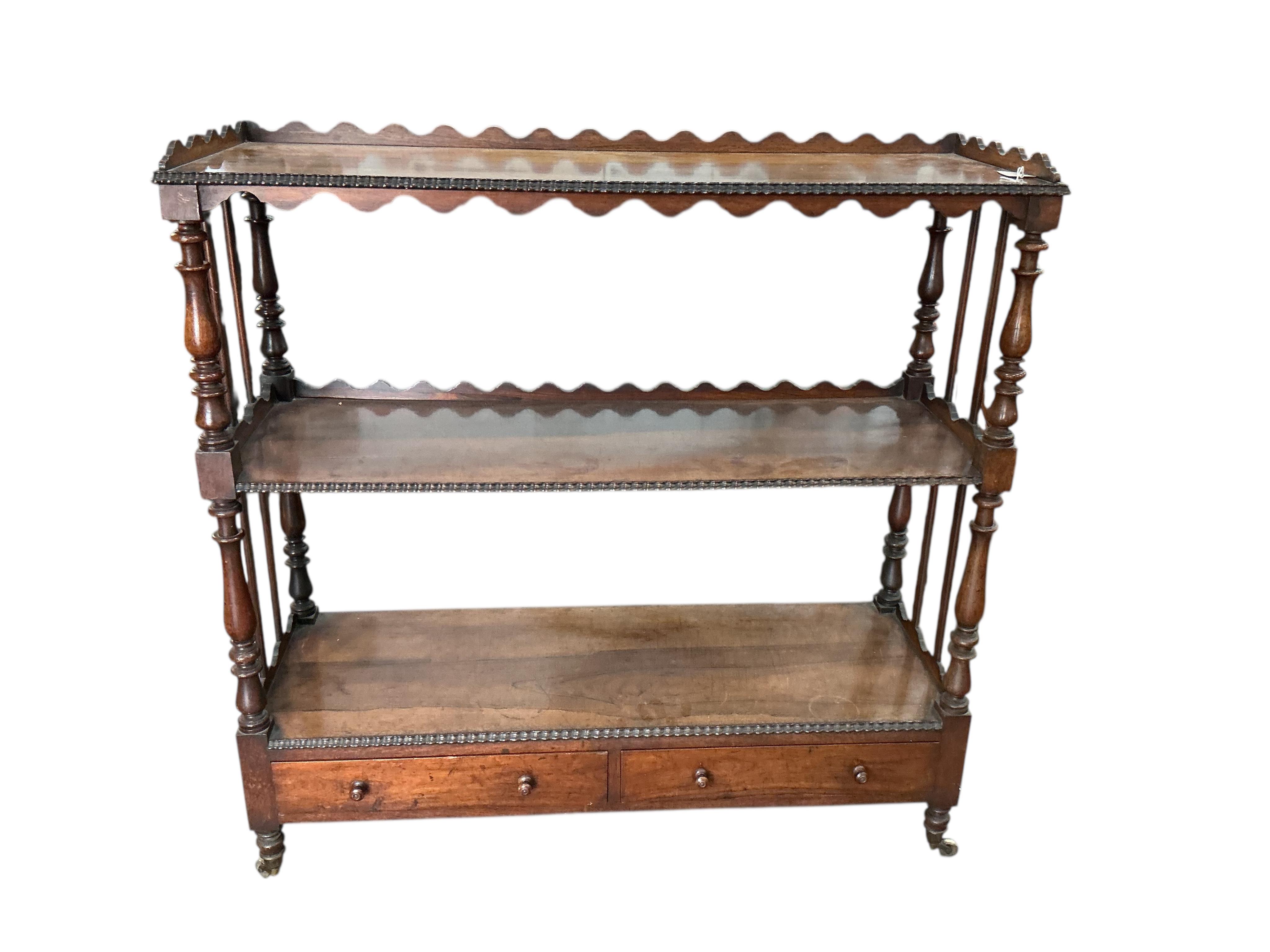 A Victorian Anglo-Dutch rosewood three tier buffet, width 114cm, depth 39cm, height 114cm